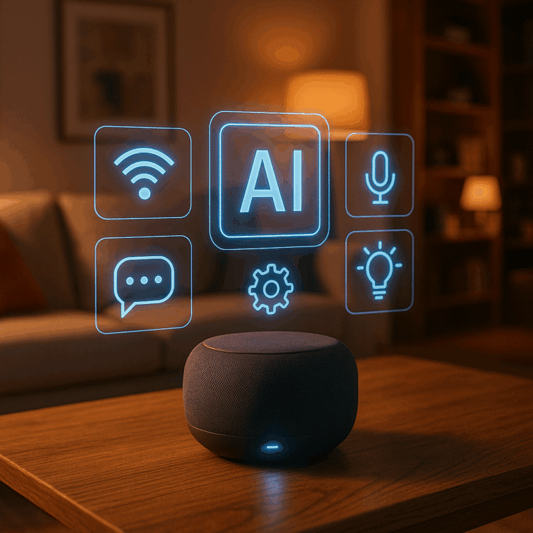 Ultra-realistic cozy modern living room with a smart home assistant on a wooden table, projecting a holographic AI interface in warm ambient lighting.
