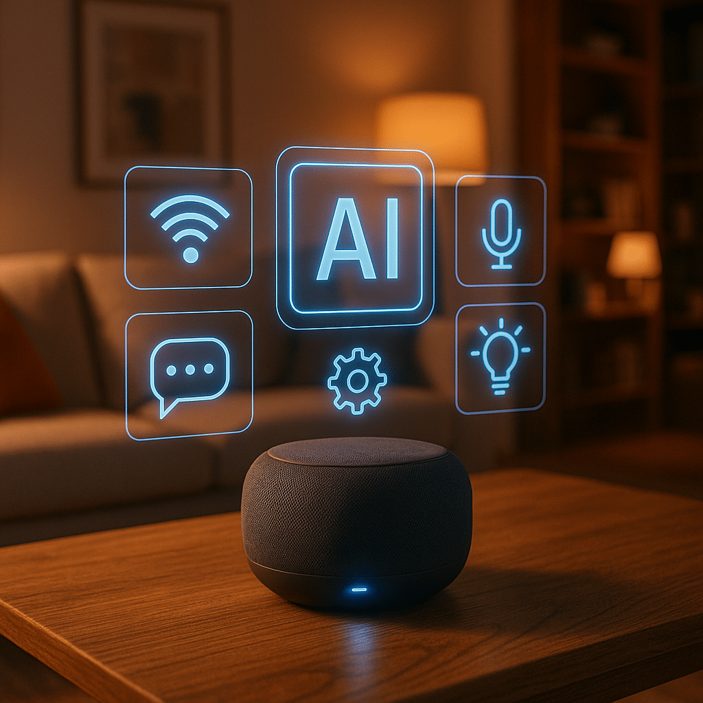 Ultra-realistic cozy modern living room with a smart home assistant on a wooden table, projecting a holographic AI interface in warm ambient lighting.