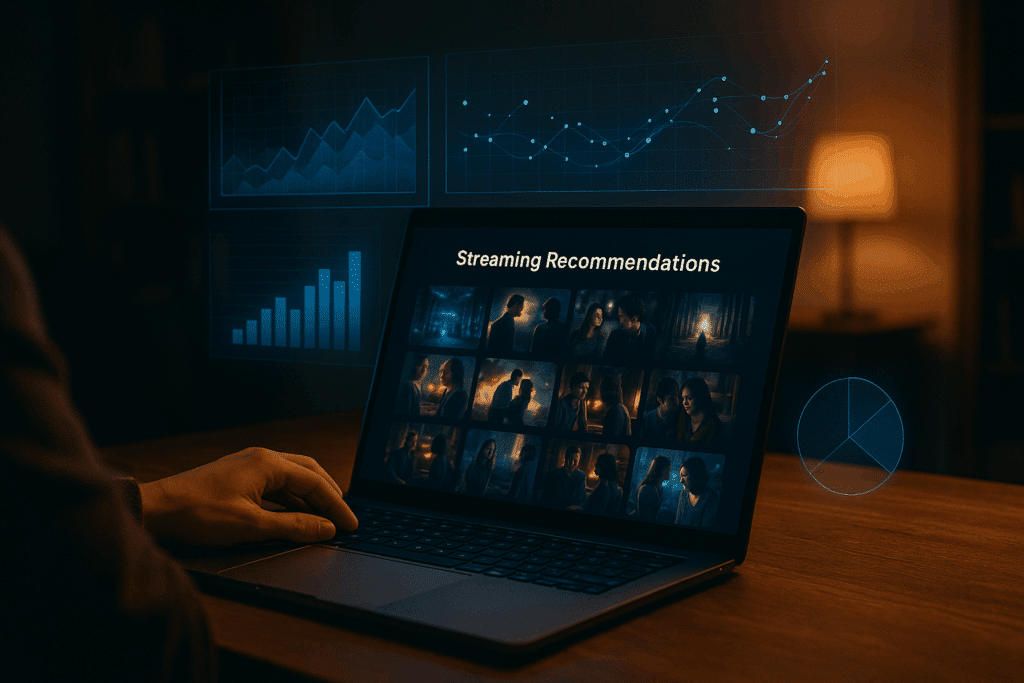 Person using a laptop with streaming recommendations on screen and holographic AI data charts in cinematic warm lighting.