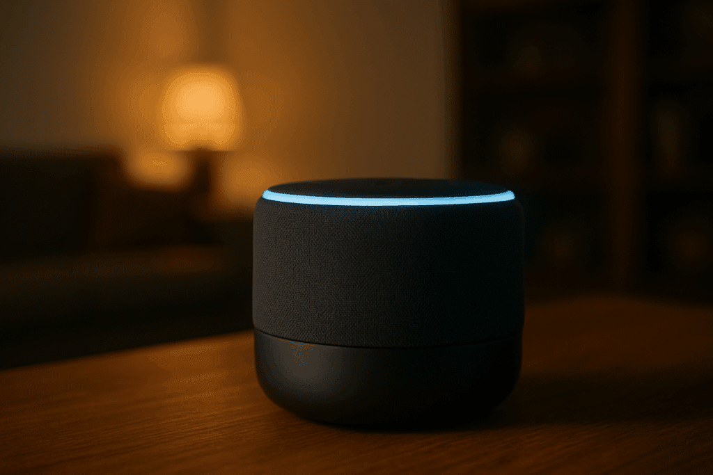 Close-up of a smart home assistant device on a wooden table with warm ambient lighting and blurred living room background.