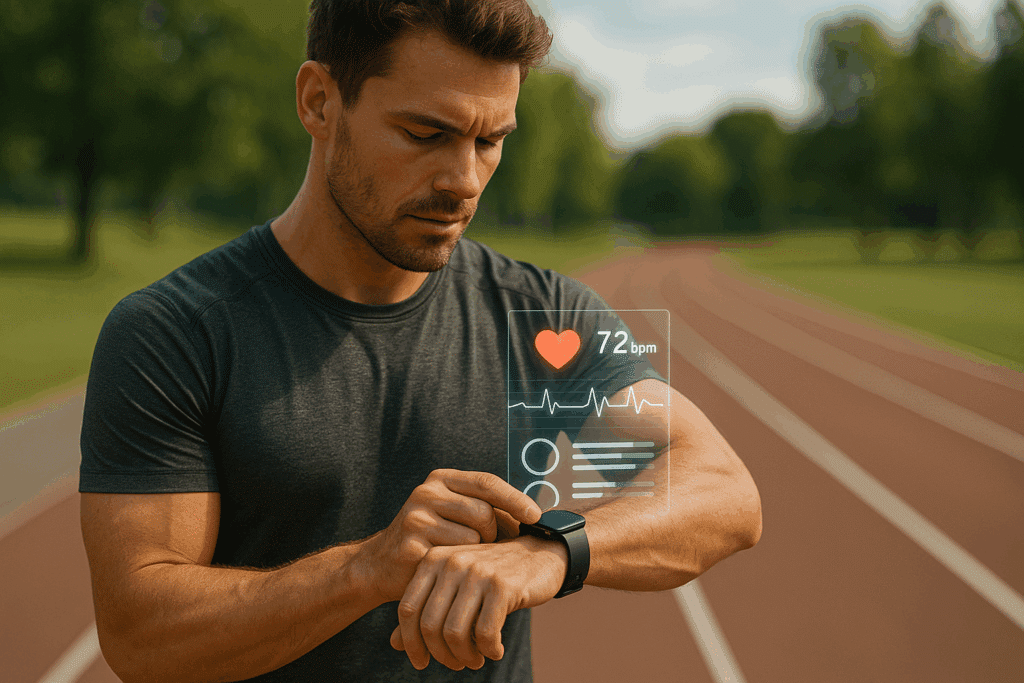 Fit man checking smartwatch displaying heart rate and health data while standing on outdoor running track in natural daylight.