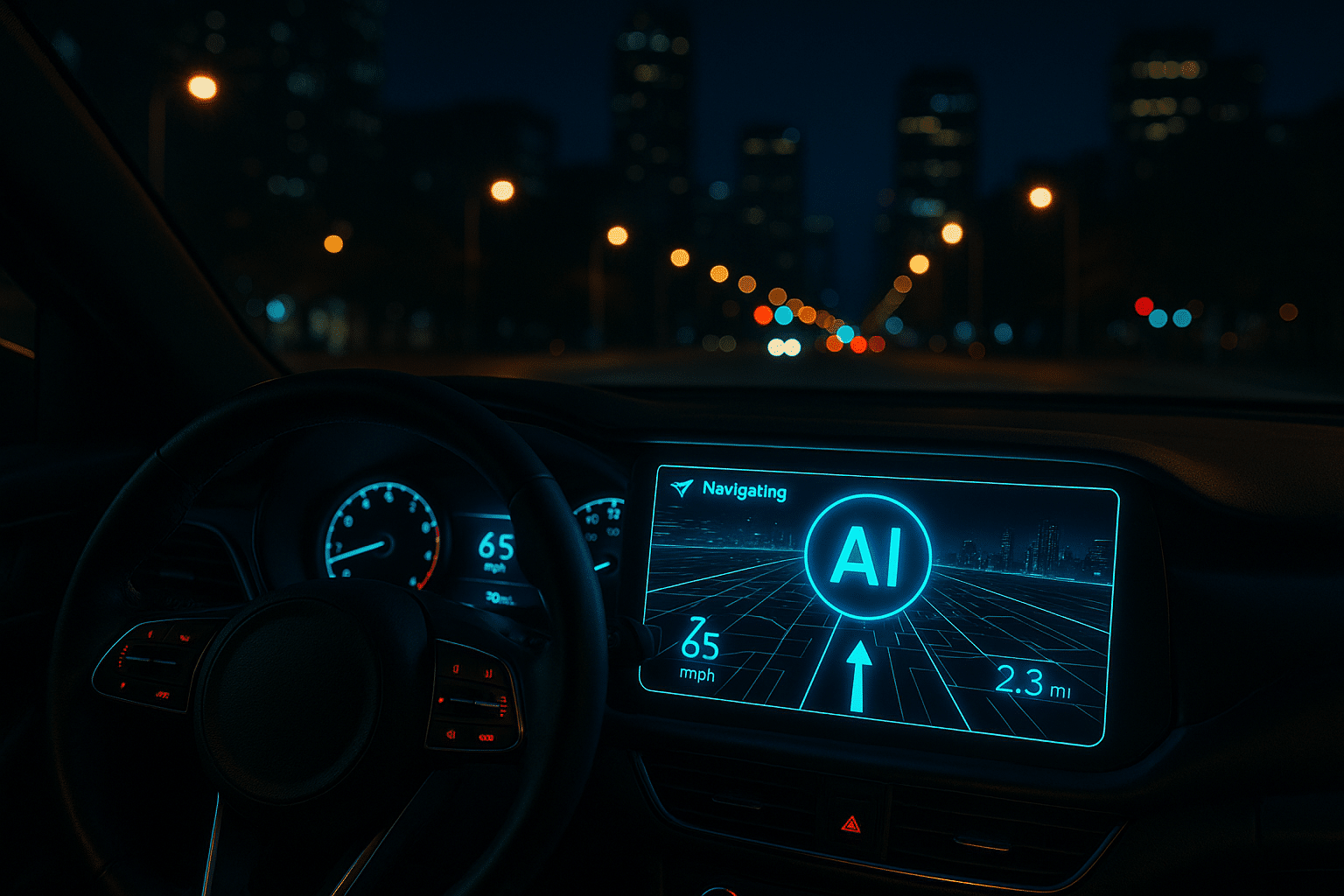Car dashboard with AI navigation display, neon accents, and blurred cityscape at night.
