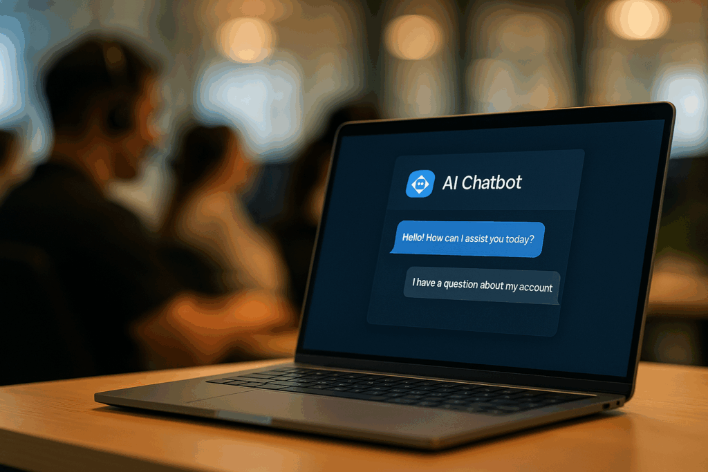 AI in everyday life Laptop screen showing AI chatbot conversation with customer service dialogue in a modern call center.