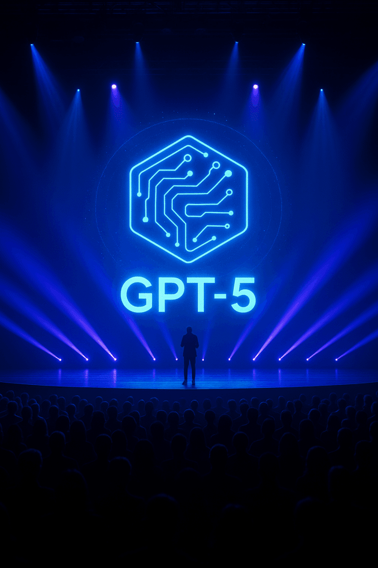 Modern stage with large futuristic GPT-5 holographic logo, audience in silhouette, blue-purple lighting at night event.