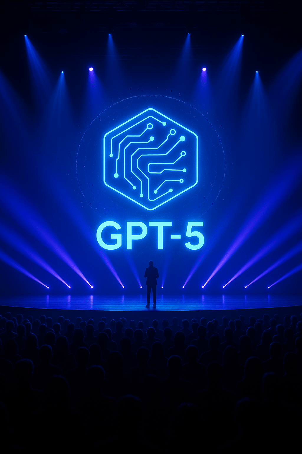 Modern stage with large futuristic GPT-5 holographic logo, audience in silhouette, blue-purple lighting at night event.