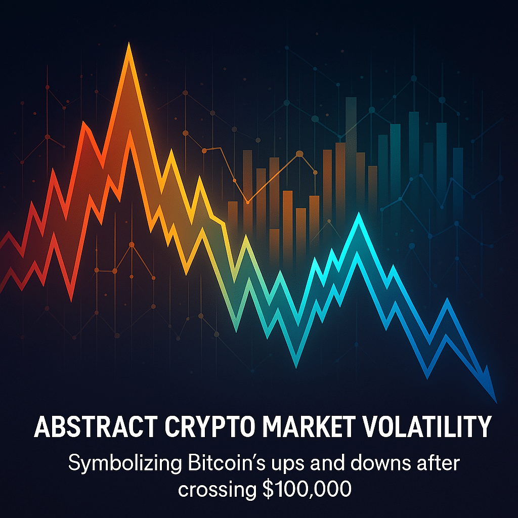 Bitcoin blasts past $100k — abstract crypto market volatility visualizing ups and downs after milestone.