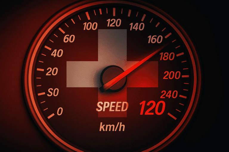 Digital illustration of a speedometer going over the limit with the Swiss flag overlay, symbolizing Switzerland’s strict income-based speeding fines.