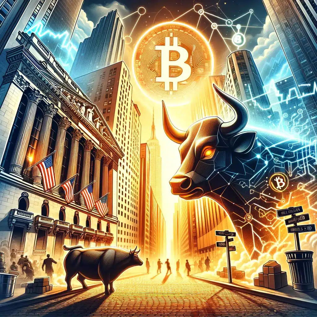 Bitcoin Hits $120K – abstract Wall Street artwork symbolizing mainstream crypto adoption