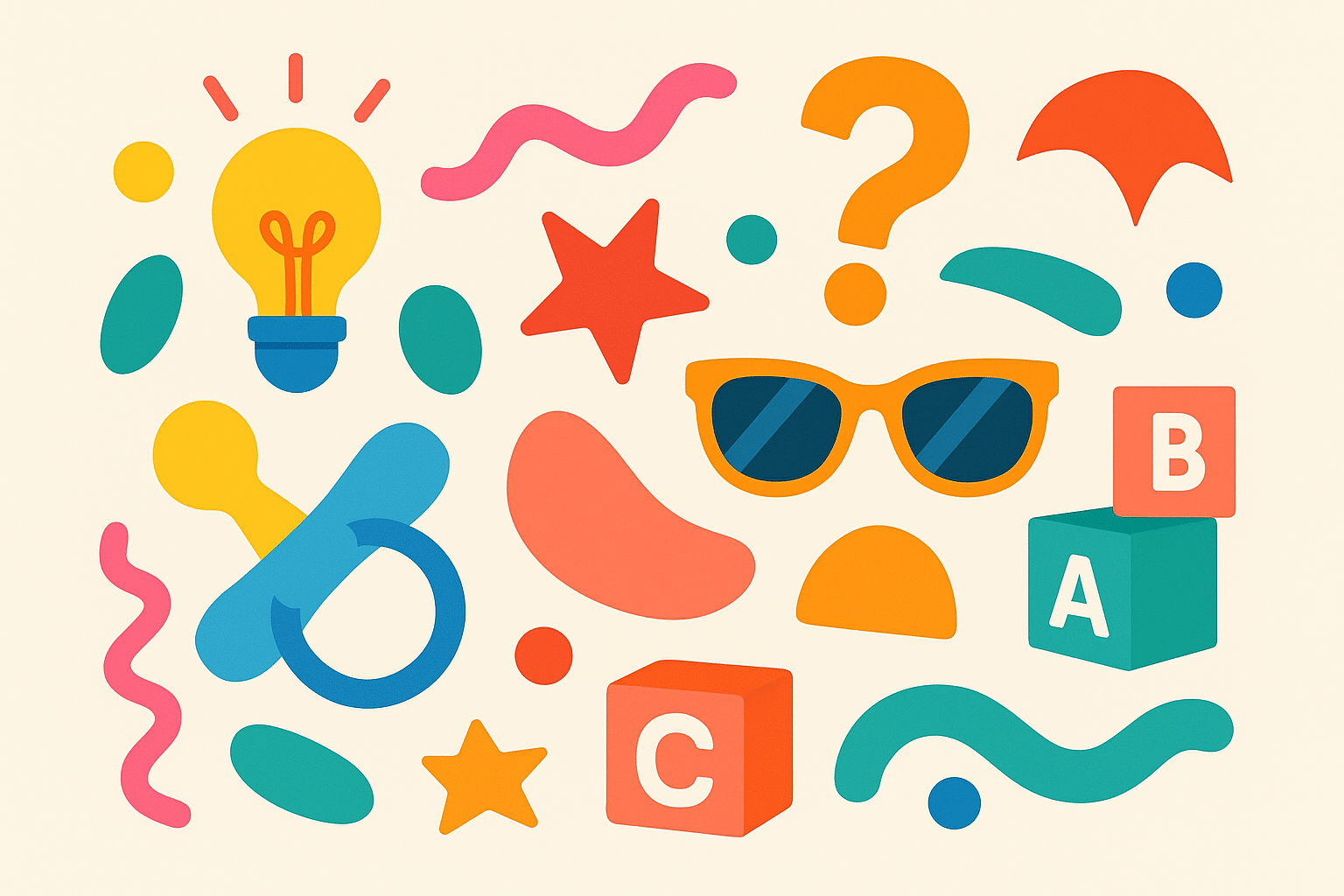 Colorful abstract illustration with pacifier, sunglasses, alphabet blocks, and playful symbols, representing unusual celebrity baby names.