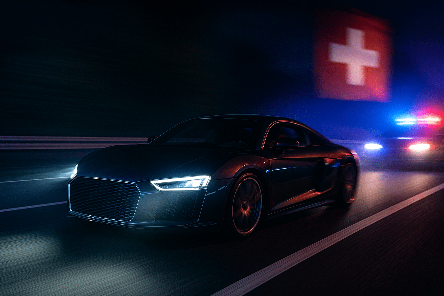 Luxury sports car in blurred motion on a Swiss road at night with police lights in the background, symbolizing Switzerland’s strict speeding laws.