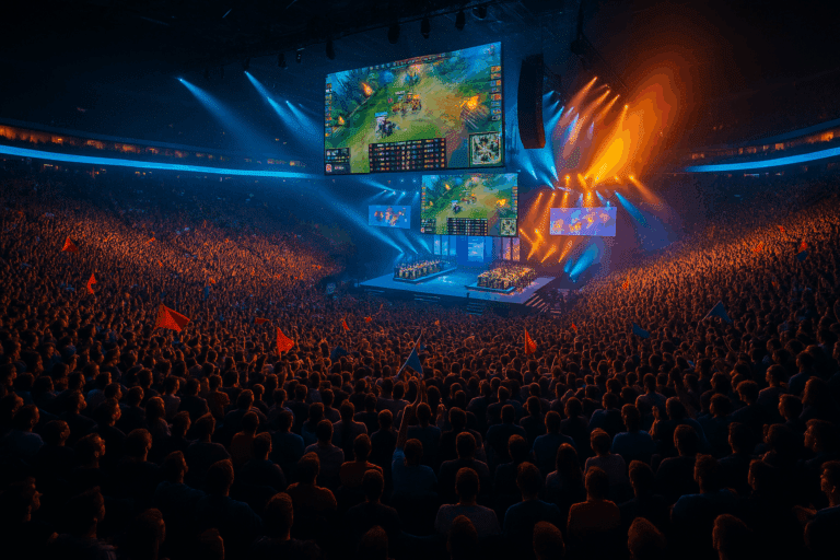 Full esports arena filled with cheering fans, glowing stage lights, and a massive screen showcasing a competitive gaming match.