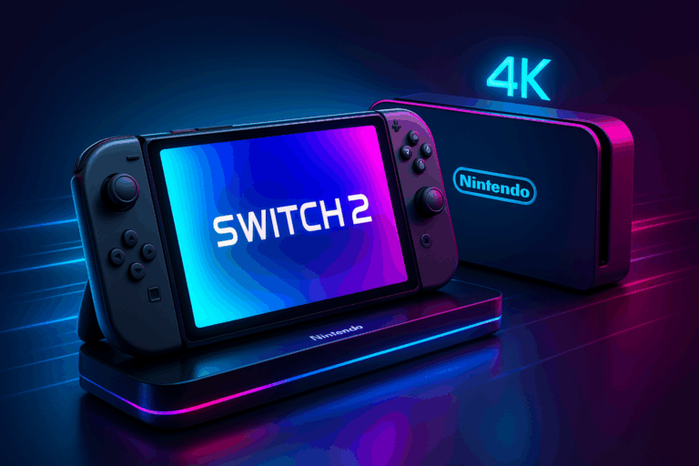 Futuristic digital artwork of the Nintendo Switch 2 console with handheld and docked design, glowing OLED screen, and 4K gaming theme.