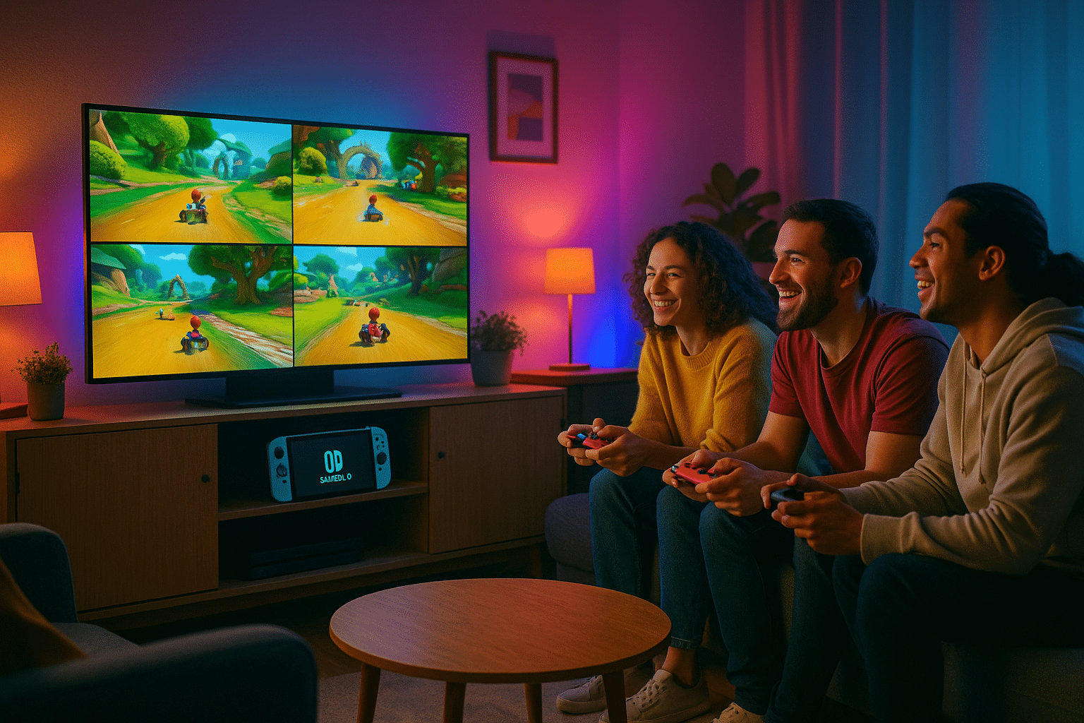 Three friends playing multiplayer on the Nintendo Switch 2 in a modern living room with colorful ambient lights and a TV display.