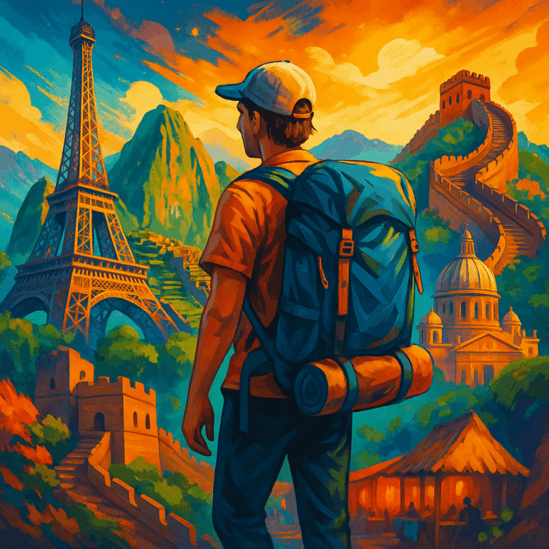 Young budget traveler with a backpack surrounded by famous landmarks like the Eiffel Tower, Great Wall of China, and Machu Picchu in colorful collage artwork.