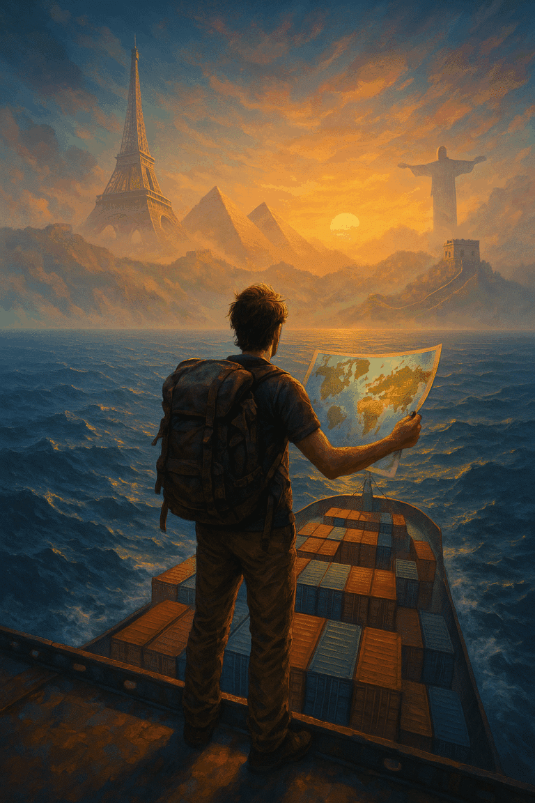 Solo adventurer with a backpack standing on a cargo ship at sea, holding a map, with faded world landmarks in the sky, symbolizing global travel without flying.