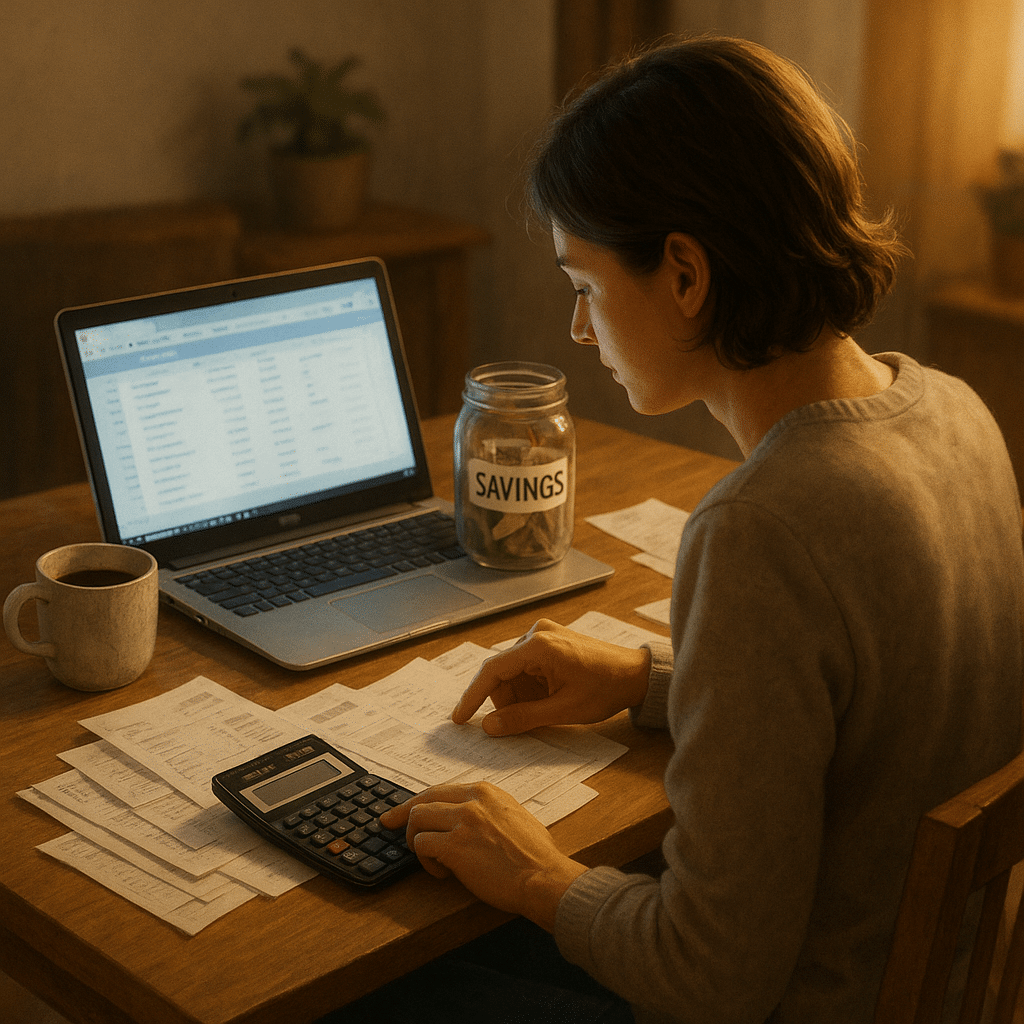 A person budgeting at home with a laptop, bills, calculator, coffee cup, and a savings jar on a cozy desk.