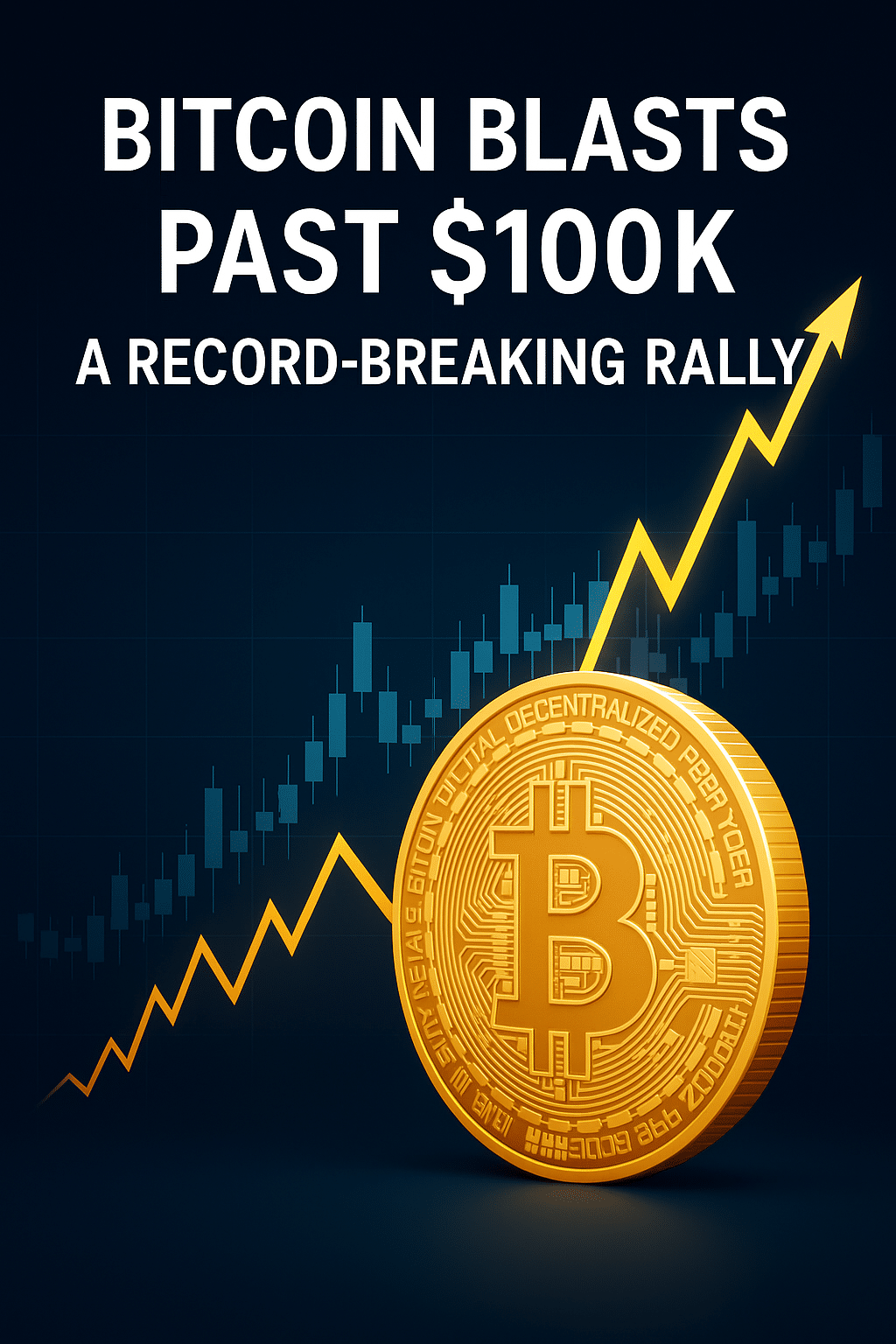 Bitcoin blasts past $100k milestone with a golden Bitcoin coin and candlestick chart