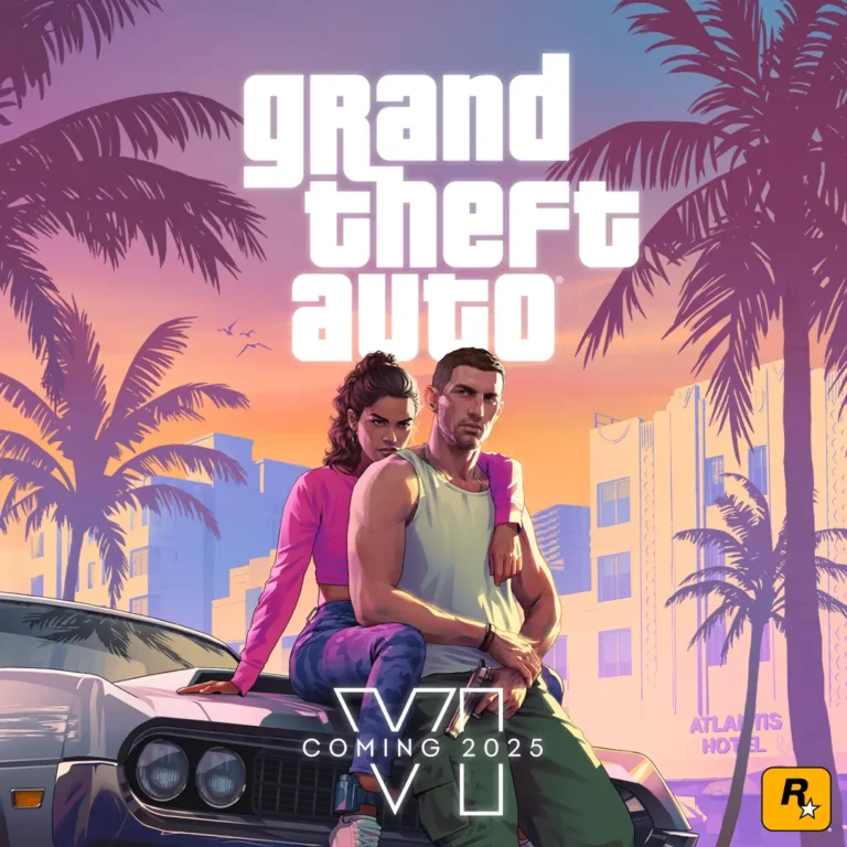 GTA VI key art featuring the protagonists Jason and Lucia against a neon-tinged cityscape backdrop.