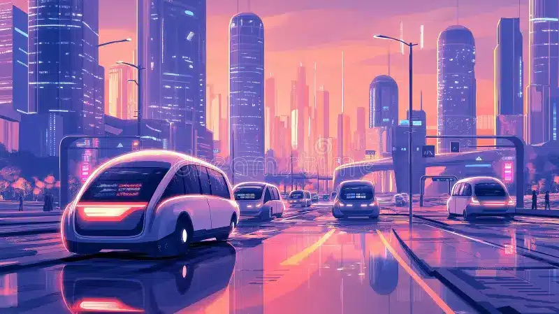 Futuristic AI-powered city with autonomous vehicles and illuminated smart buildings at night.