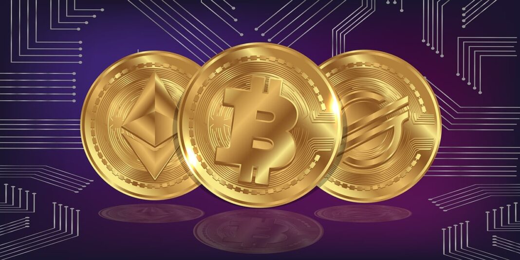 Golden Bitcoin, Ethereum, and digital cryptocurrency coins on a futuristic background, representing safe crypto investing and portfolio diversification