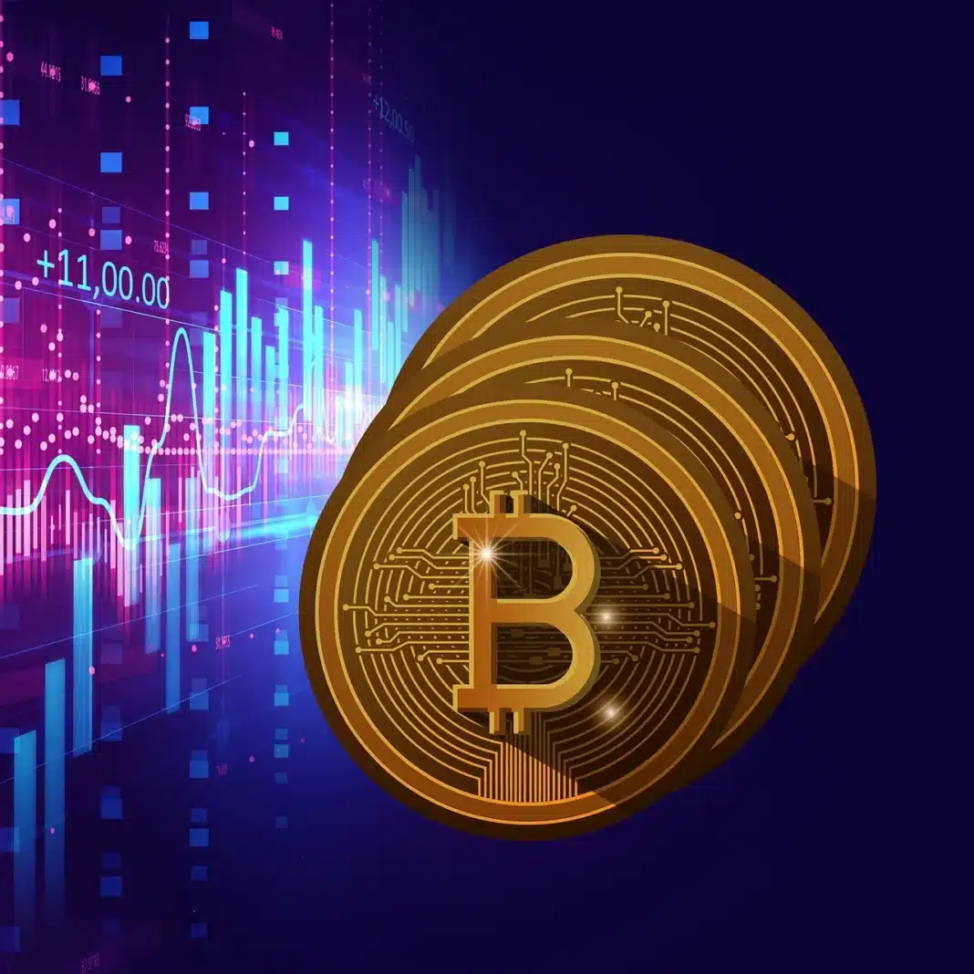 Bitcoin coins with blockchain network bokeh background.