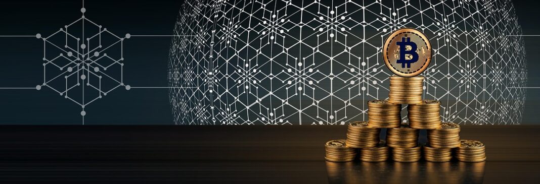 Stack of golden Bitcoin coins with digital network background, symbolizing Bitcoin’s record-breaking surge past $100,000 and mainstream adoption
