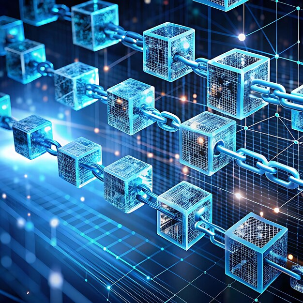 Stylized digital blockchain structure with linked 3D blocks in a ledger format.