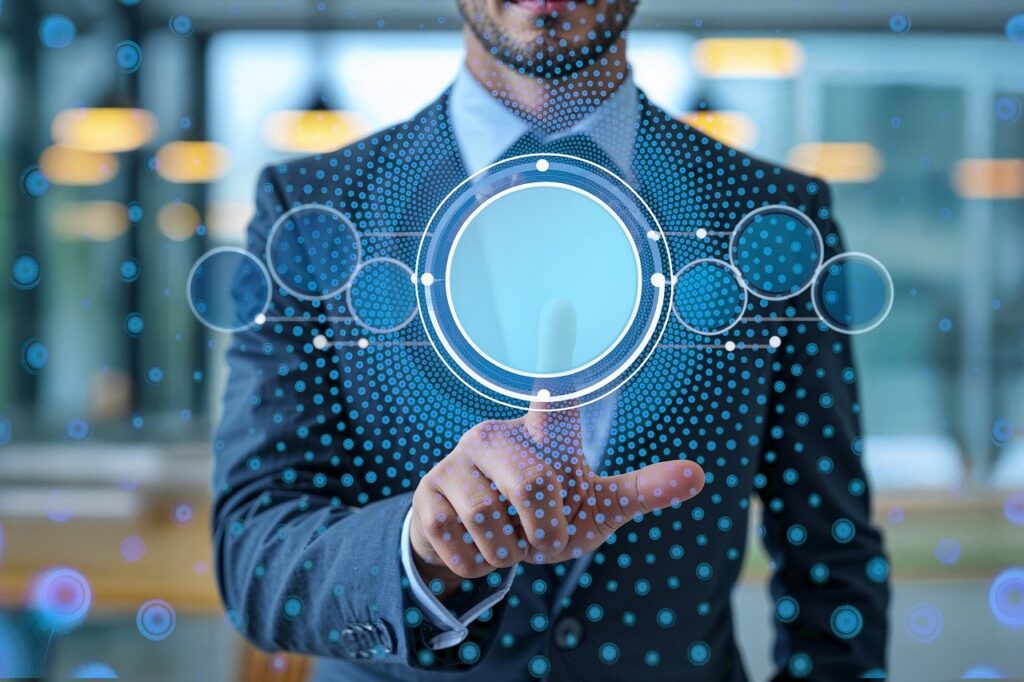 OpenAI announces GPT-5 launch illustration. Businessman in a suit interacting with a glowing digital touch interface, symbolizing AI integration in business and technology