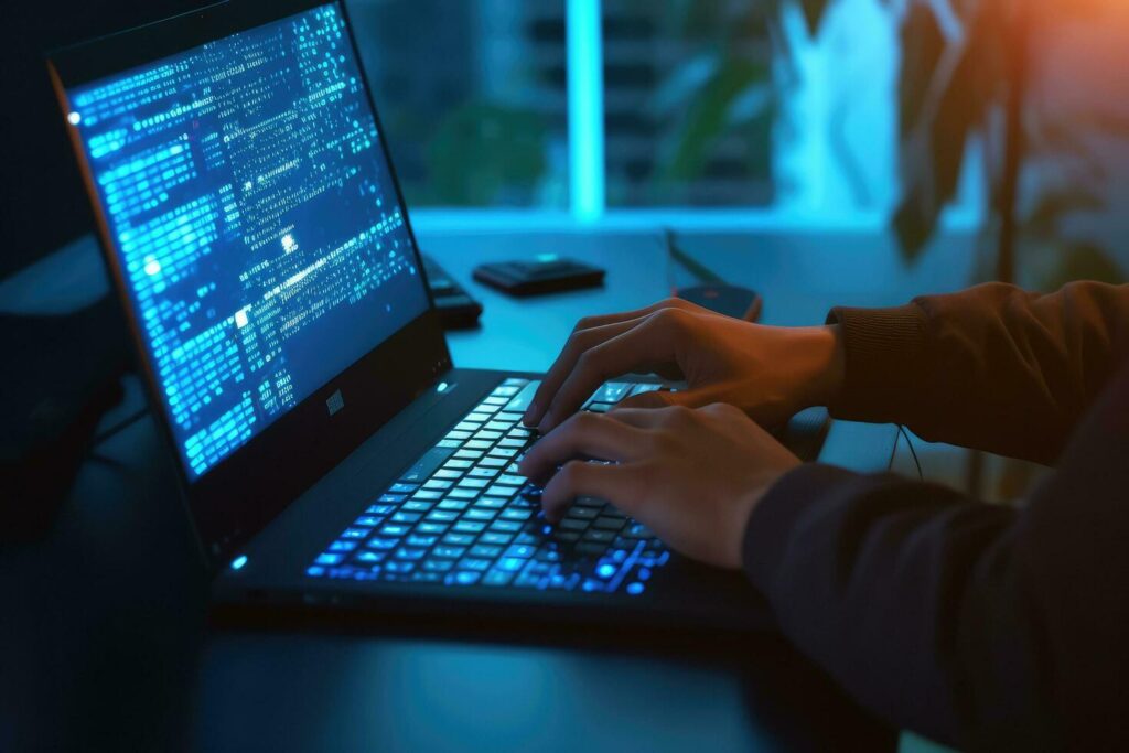 Close-up of hands typing on a laptop with abstract, non-readable AI coding interface in a softly blurred office background.