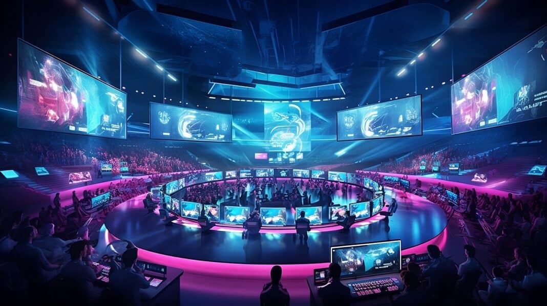 Split-scene montage: nostalgic row of 80s arcade cabinets on the left, modern esports arena with giant LED screens on the right.