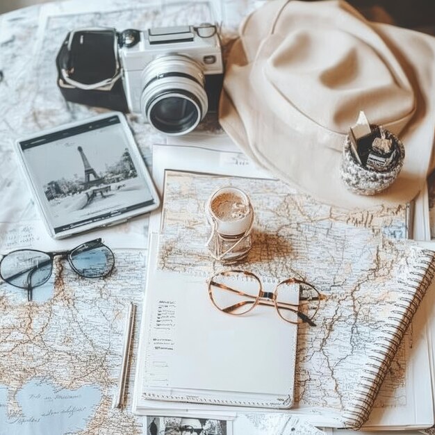 Flat-lay of travel essentials including passport, map, camera, notebook, and phone on a neutral background.