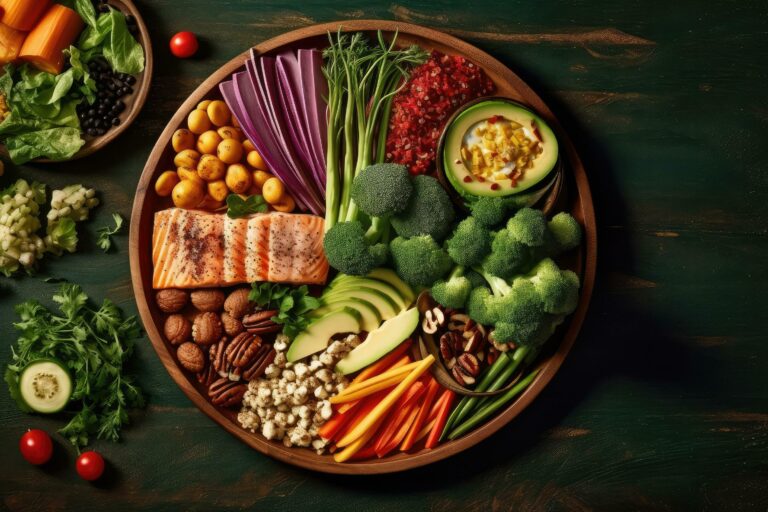 Colorful whole‑foods plate with vegetables, whole grains, and lean protein arranged on a wooden table, clean and brand‑neutral.