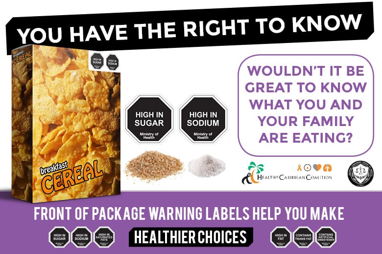 Front-of-pack nutrition label highlighting high sugar, salt, and fat content, styled as warning icons.