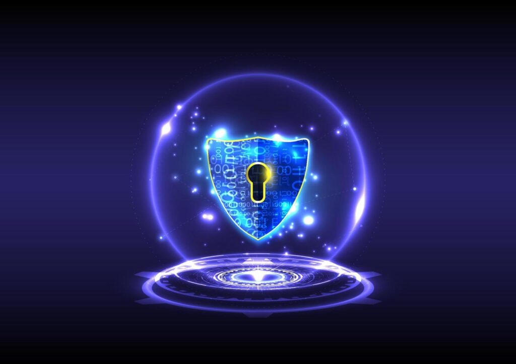 Holographic shield with glowing lock icons on a neural network background, symbolizing AI cybersecurity.