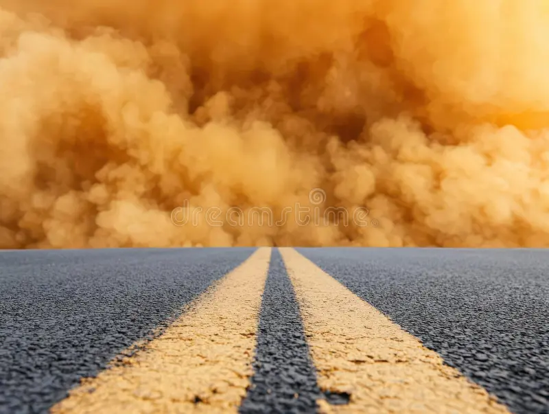 Heat-haze desert road with warped flip-flops in the foreground, evoking extreme heat and desert conditions.