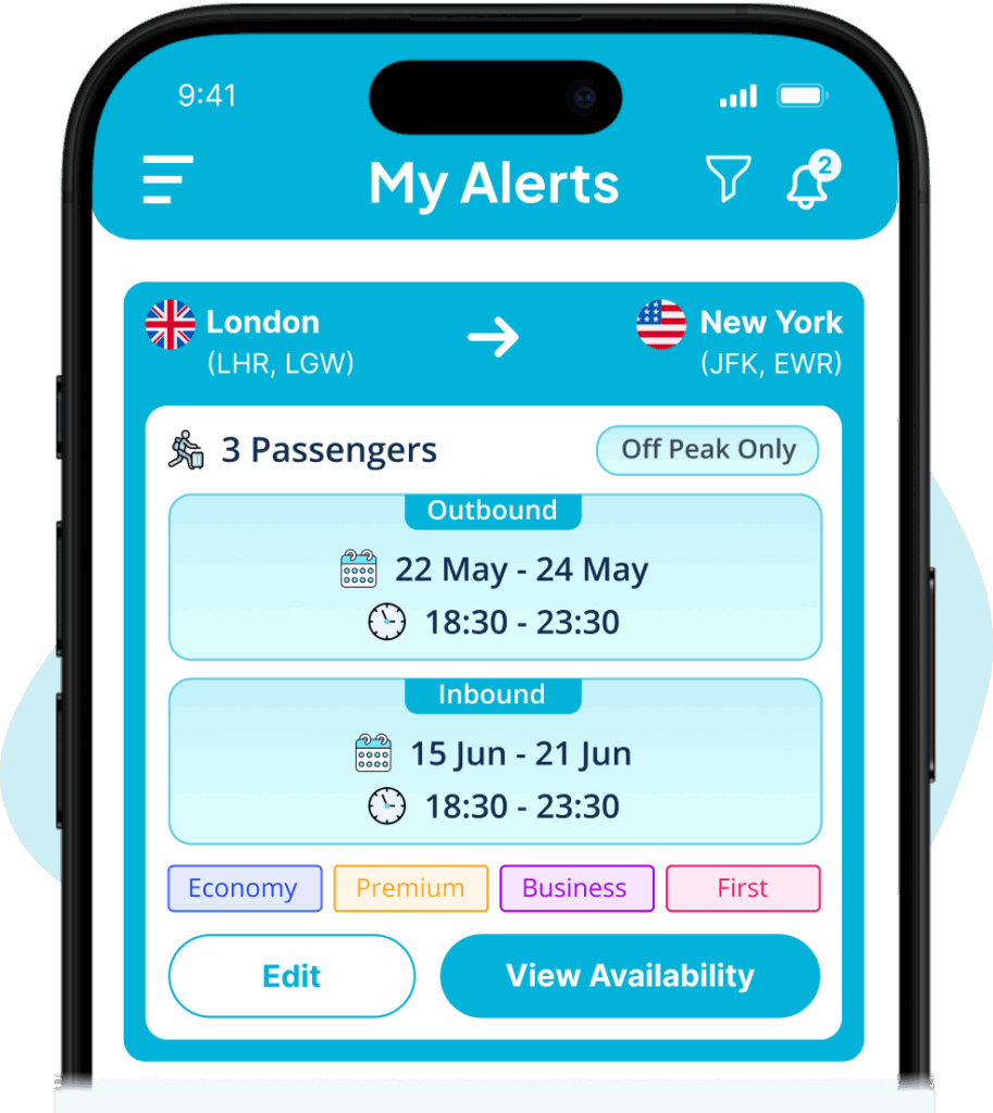 Phone screen showing a flight alert interface with departure and arrival info—brand-neutral.