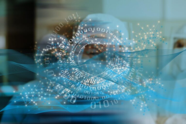 Abstract digital medical illustration with binary code and connected nodes, symbolizing advanced healthcare technology and innovative cancer treatments.