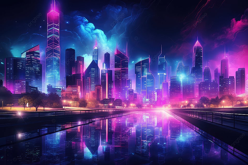 Neon-lit futuristic city skyline glowing at night, brand-neutral.