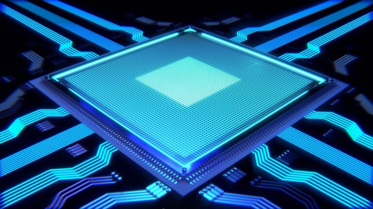 Close-up of a glowing digital processor with blue circuits, symbolizing advanced AI technology and the launch of GPT-5