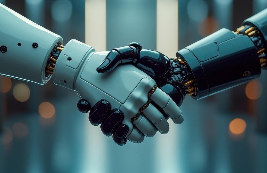 Understanding the AI revolution shown as a symbolic handshake between intelligent machines, representing trust and the future of AI