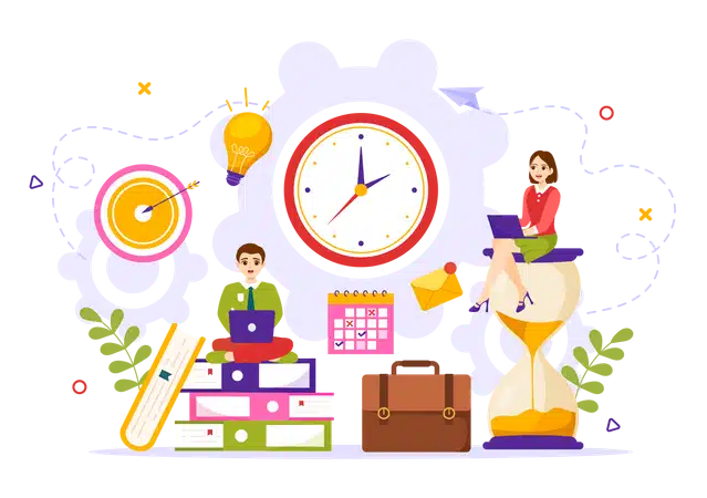 Colorful flat design illustration of time management tools including calendar, clock, and hourglass for productivity and scheduling