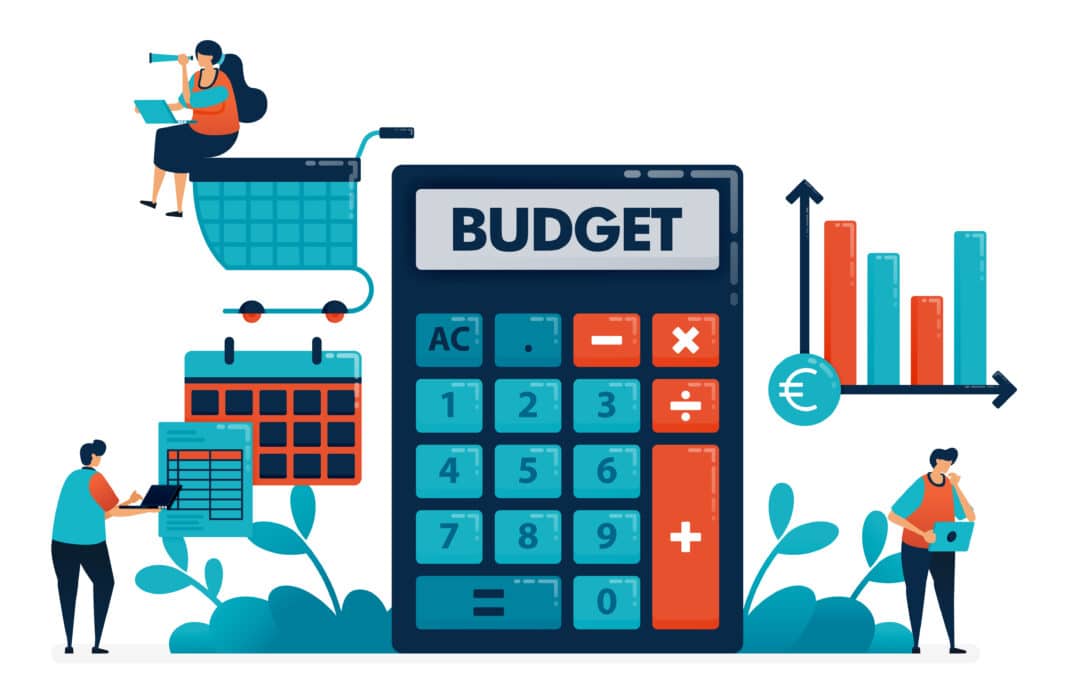 Vector illustration of a large “BUDGET” calculator surrounded by money, calendar, shopping cart, and chart icons.