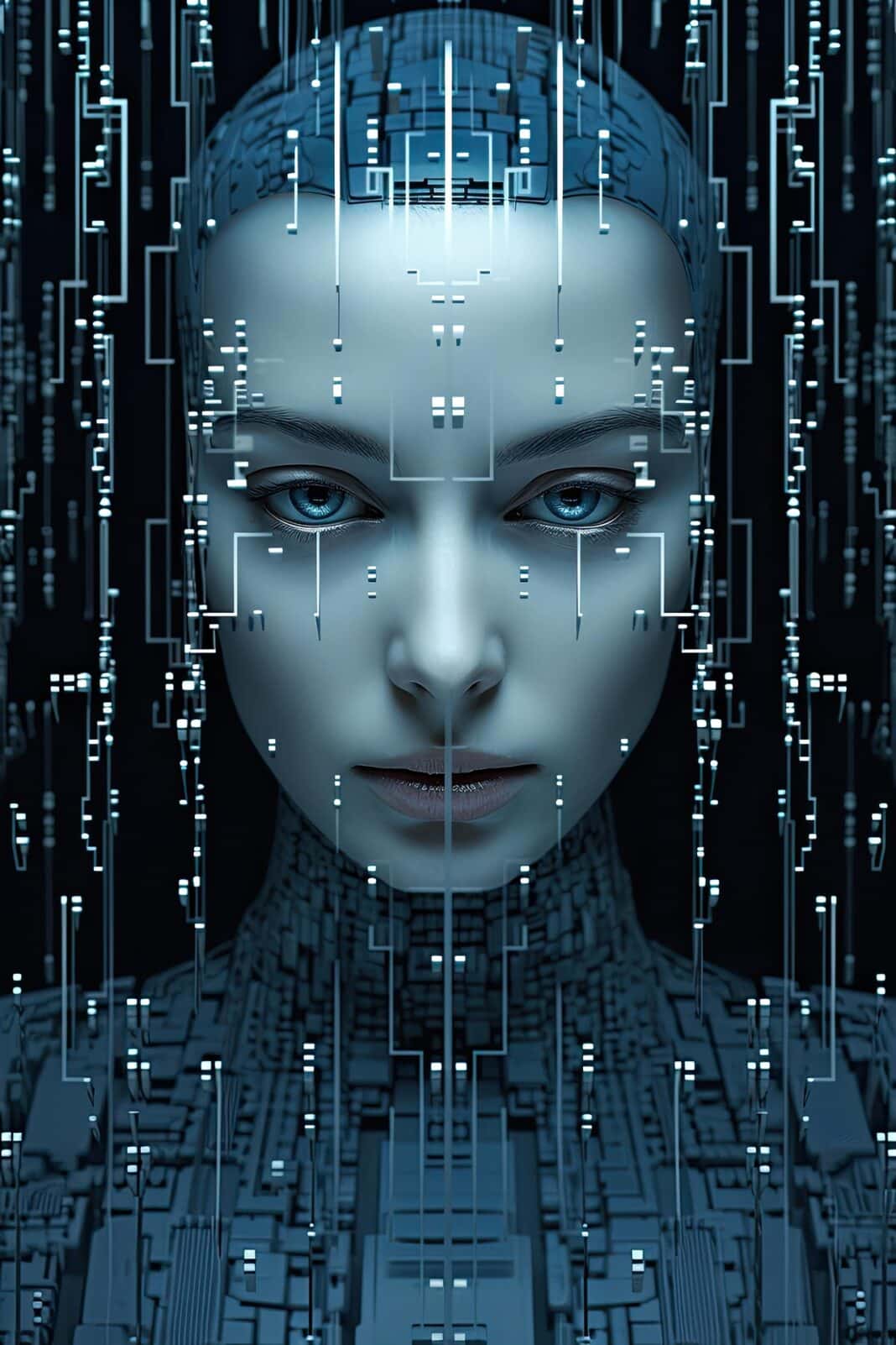 Close-up of a futuristic AI-inspired woman’s face with glowing blue digital circuits symbolizing artificial intelligence and technology