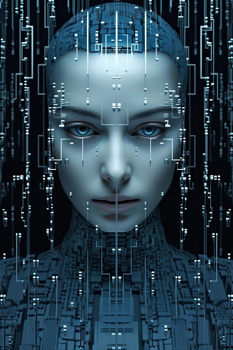 Close-up of a futuristic AI-inspired woman’s face with glowing blue digital circuits symbolizing artificial intelligence and technology