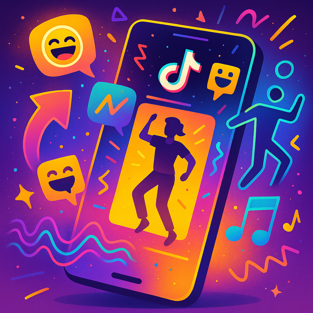 Vibrant illustration of a smartphone glowing with TikTok dance, memes, and music icons representing  viral tiktok trends 2025