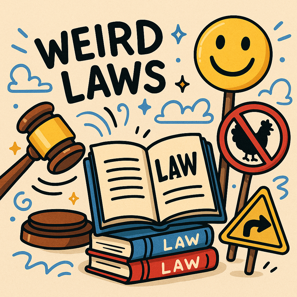 Illustration symbolizing weird laws with a cartoon gavel and quirky legal symbols