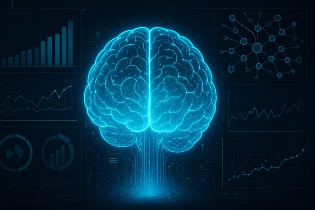 A holographic AI artificial intelligence brain surrounded by data charts and neural network graphics.