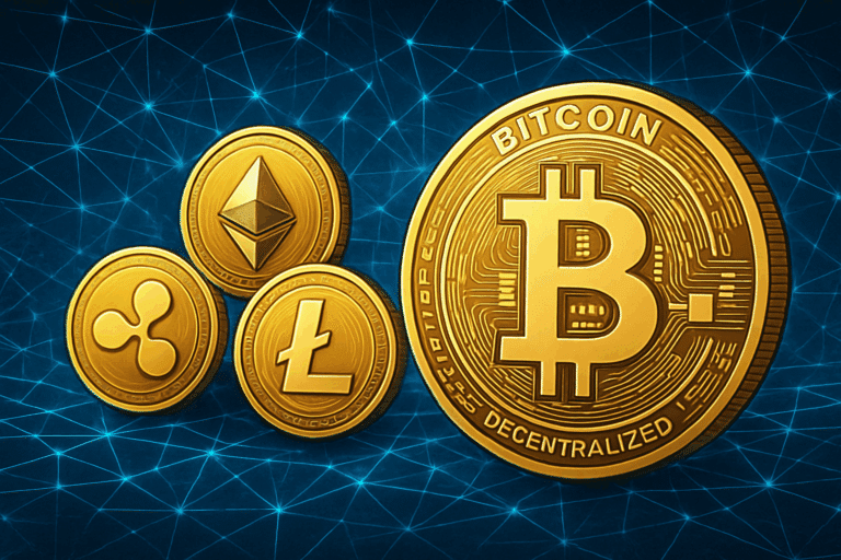 Crypto coins and digital ledger graphic representing blockchain finance