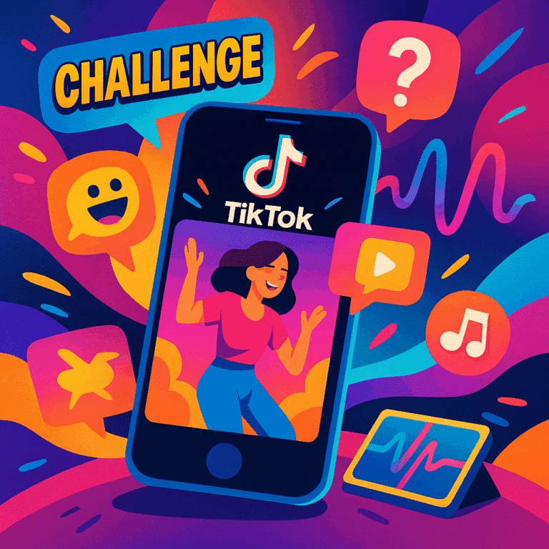 Smartphone displaying TikTok with scenes of 2025 viral trends, including dance and meme overlays.