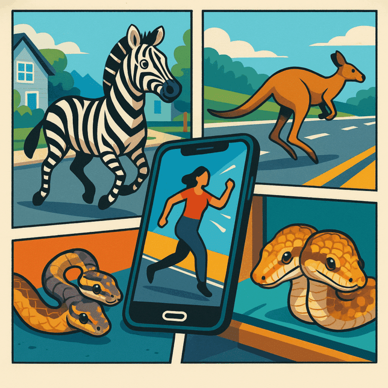 Collage of strange 2025 animal stories: an escaped zebra in a neighborhood, a kangaroo on a highway, and a two-headed snake.